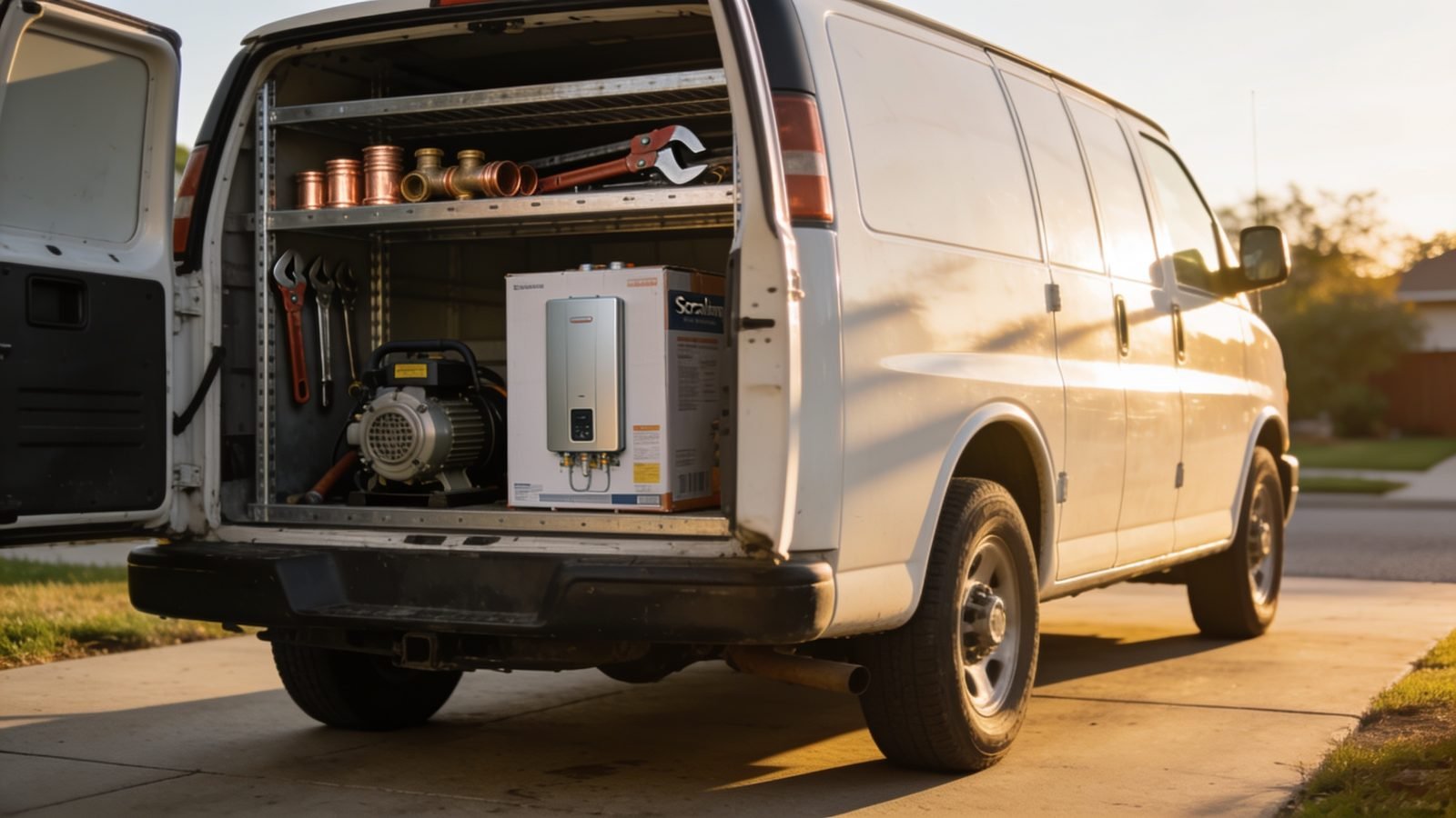 Service van stocked with tankless water heater parts and a descaling pump