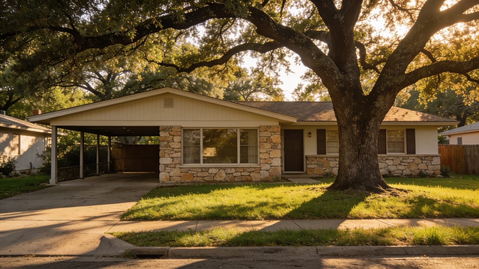 Ranch-style home under live oak trees in a central Austin neighborhood