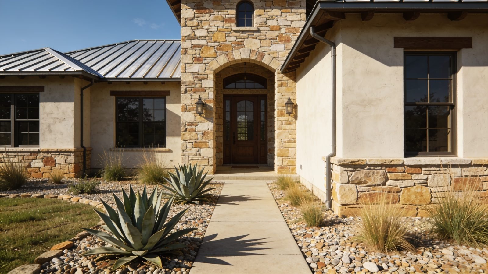 Limestone and stucco hill country home with xeriscape front yard in Cedar Park, Texas