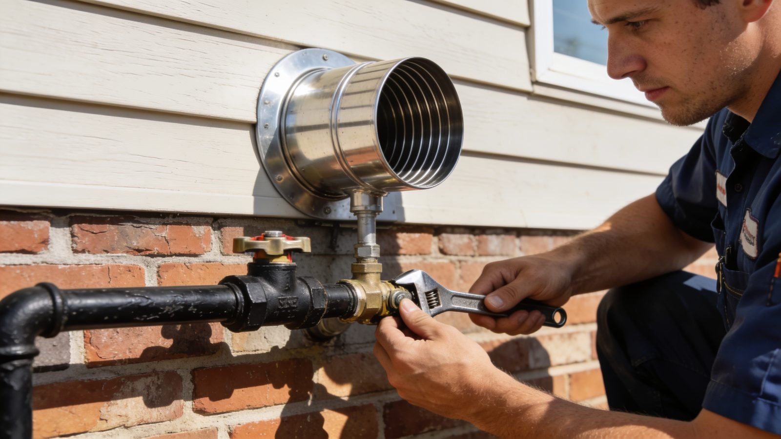 Exterior vent termination and gas line connection for a gas tankless water heater