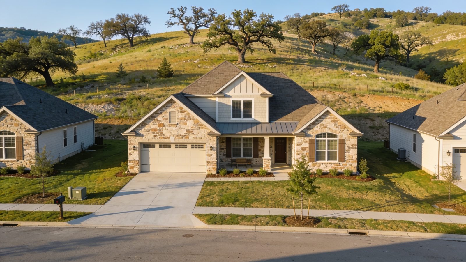 New construction subdivision homes on rolling terrain in Leander, Texas