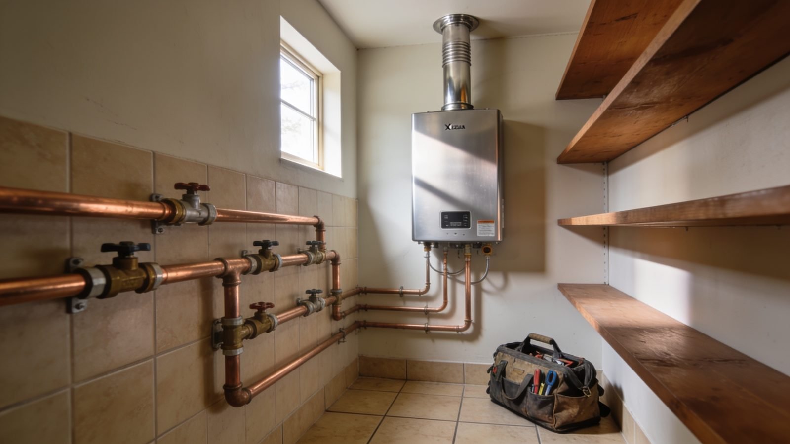 Wall-mounted tankless water heater with copper isolation valves in a Texas utility closet