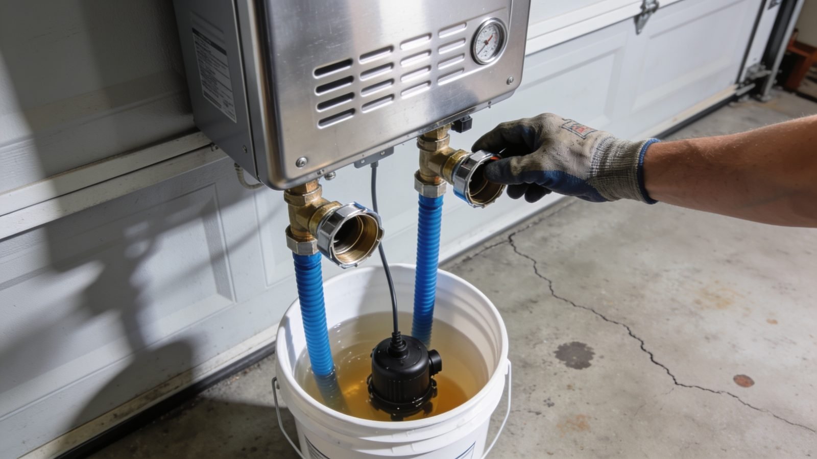 Descaling pump and bucket connected to a tankless water heater's service valves