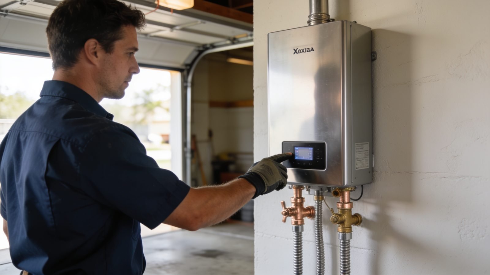 Plumber checking the control panel of a newly installed tankless water heater in an Austin garage
