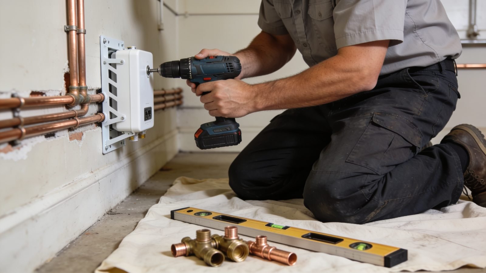Plumber mounting a new tankless water heater on a utility room wall