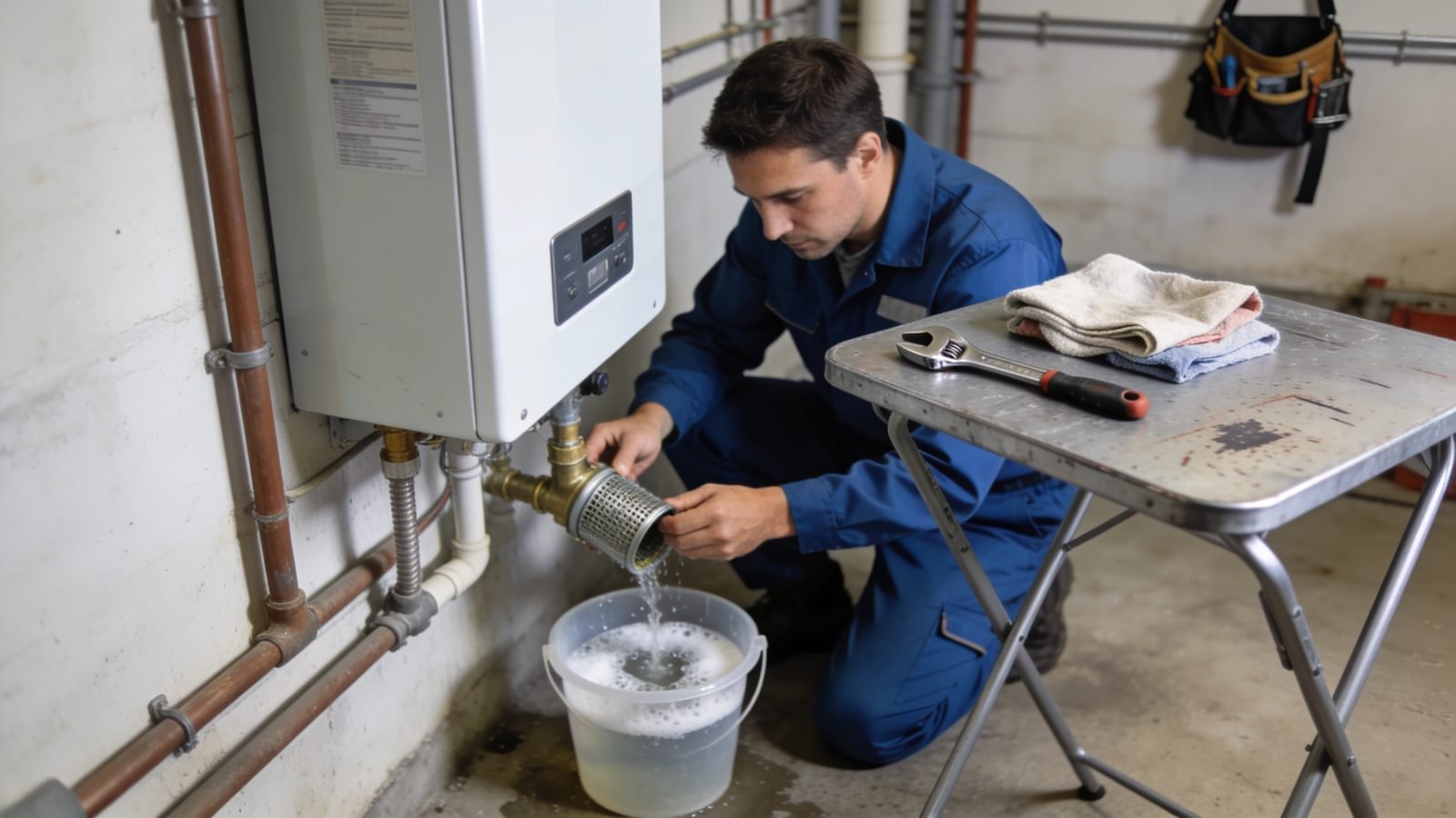 Plumber cleaning the cold water inlet filter screen during tankless water heater maintenance