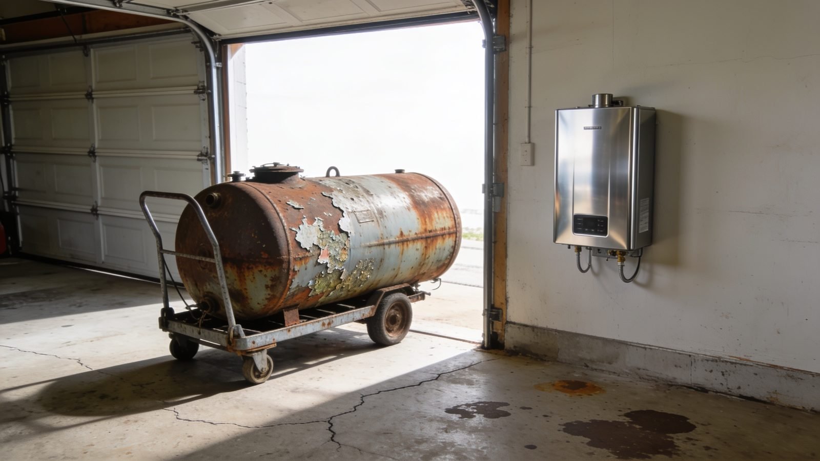 Old storage water heater removed on a hand truck beside a new wall-mounted tankless unit